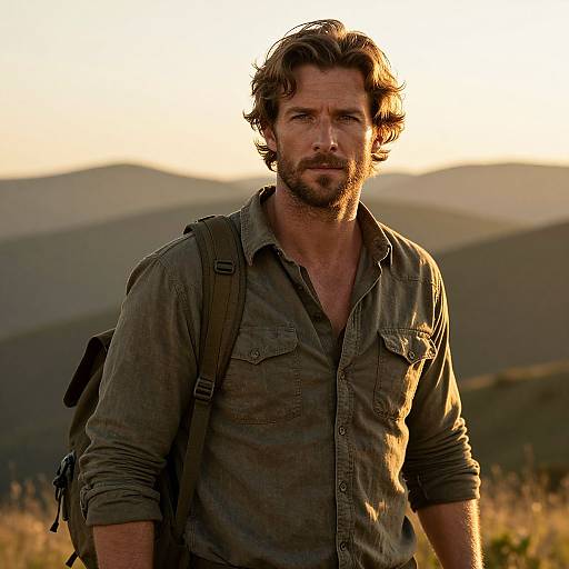 Man Hiking Outdoors in Golden Hour with Backpack