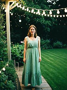 Young Woman in Green Polka Dot Dress in Garden with String Lights