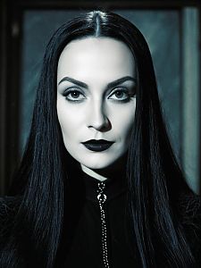 Woman in Morticia Addams Costume Close-up with Pale Skin and Gothic Makeup