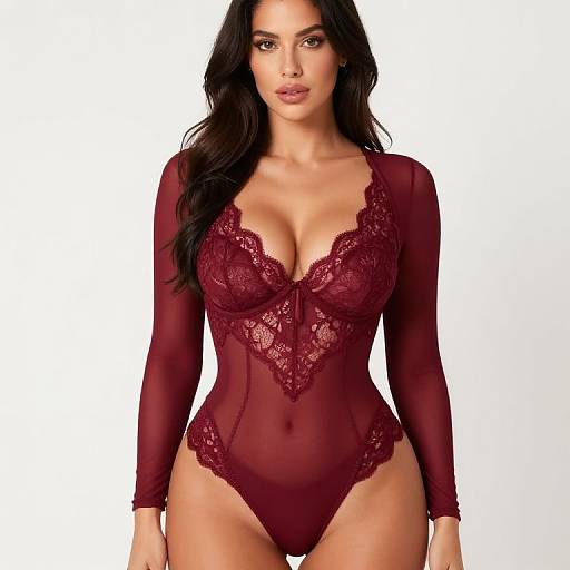 Burgundy Lace Sheer Long Sleeve Bodysuit on Woman