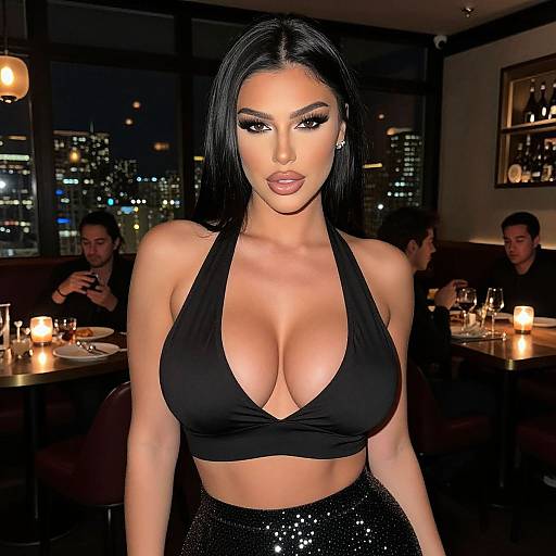 Elegant Woman in Black Halter Top at Nighttime City Restaurant