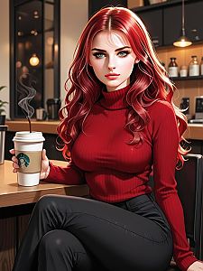 Woman in Red Turtleneck at Café