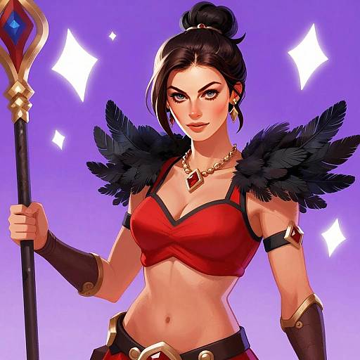 Fantasy Woman Warrior Digital Illustration with Staff and Feathers