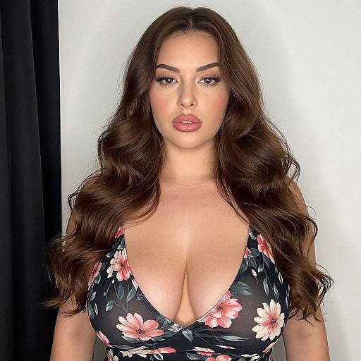 Glamorous Woman with Wavy Brown Hair and Floral Deep Neckline Top