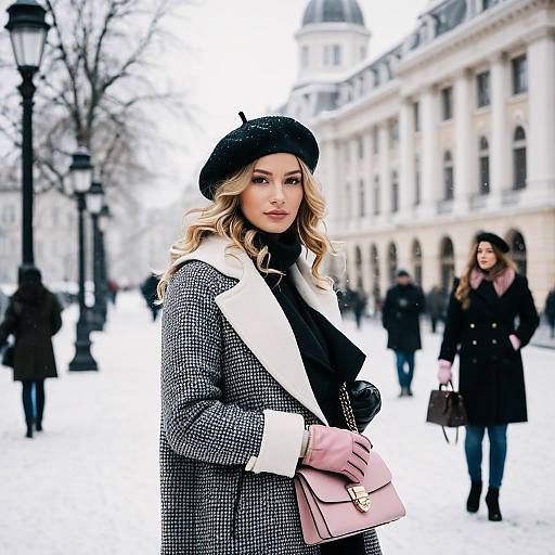 Elegant Woman in Winter Fashion with Beret and Pink Handbag in Snowy City