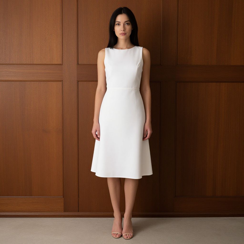 Elegant Woman in Sleeveless White Dress Standing Against Wooden Paneled Wall