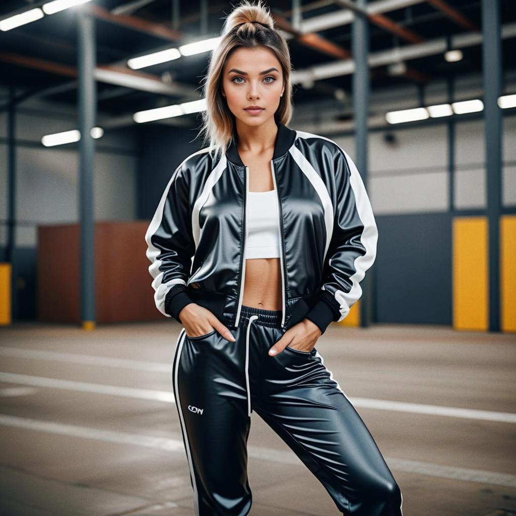 Stylish Woman in Black and White Tracksuit