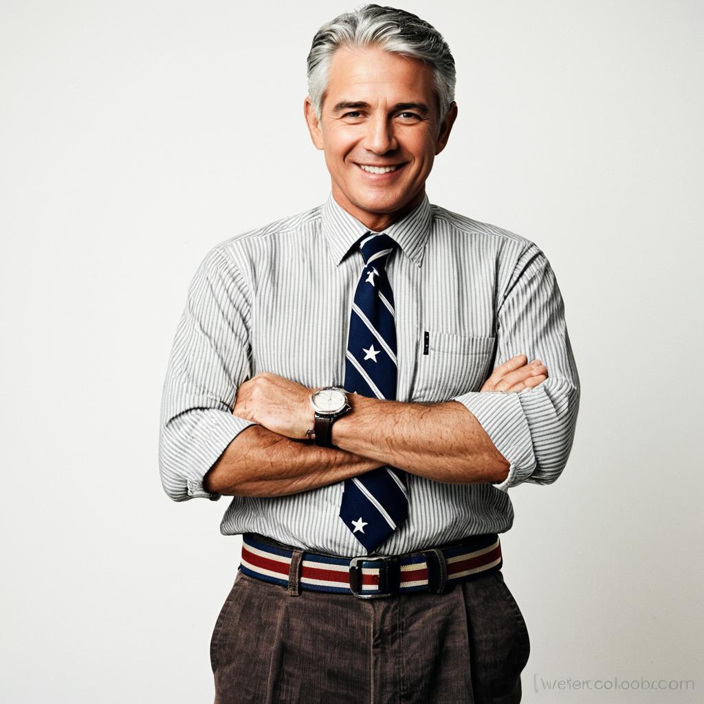 Confident Middle-Aged Man with Star Patterned Tie and Striped Shirt