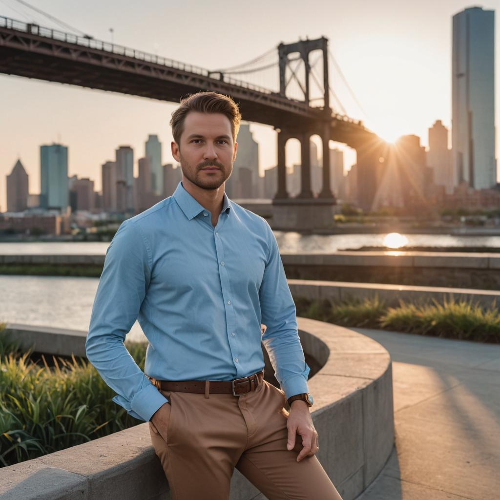 Confident Man by River at Sunset with City Skyline