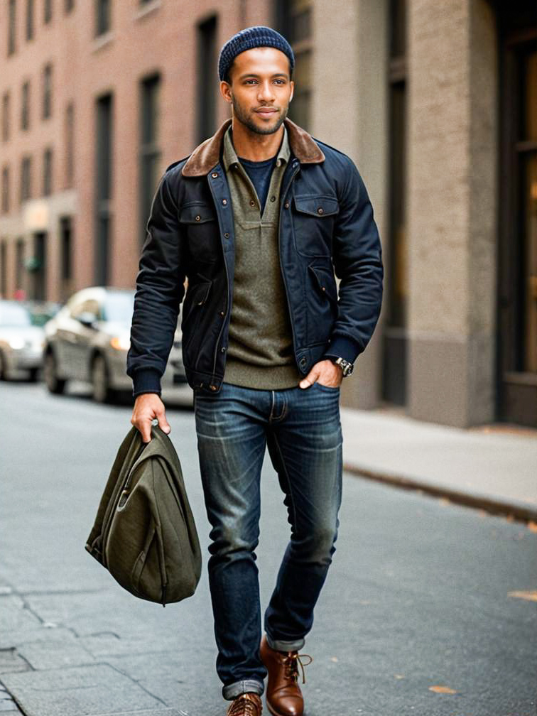 Stylish Man in Navy Jacket on City Street