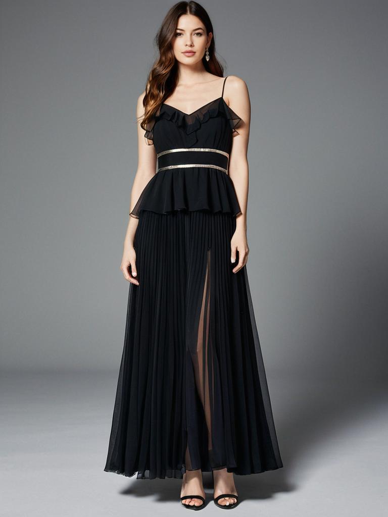 Elegant Woman in Sleeveless Sheer Black Ruffle Maxi Evening Dress