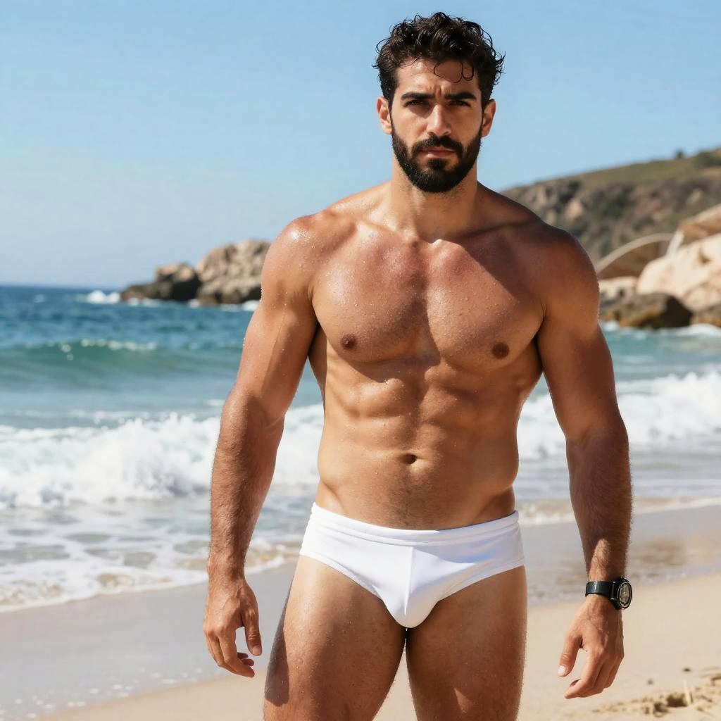 Muscular Man in White Swim Briefs on Beach with Ocean Background