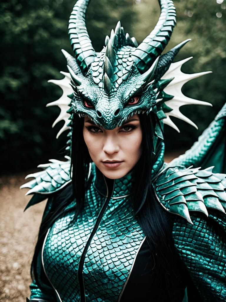 Woman in Photorealistic Dragon Cosplay Costume with Detailed Scales and Horns