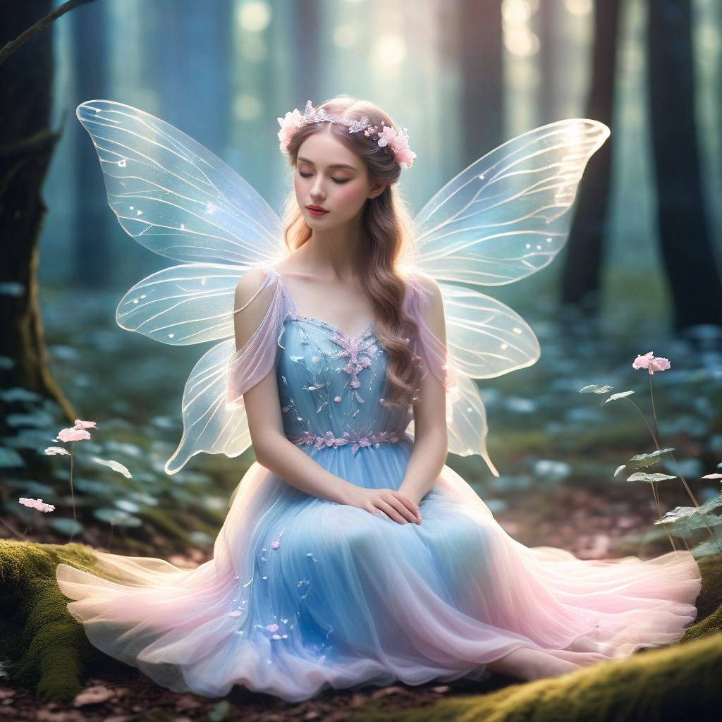 Serene Woman in Fairy Gown in Enchanted Forest