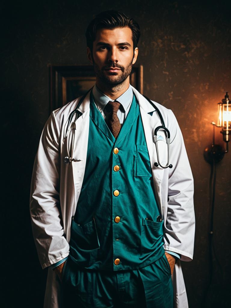 Man in Realistic Doctor Costume Wearing Lab Coat and Scrubs Cosplay