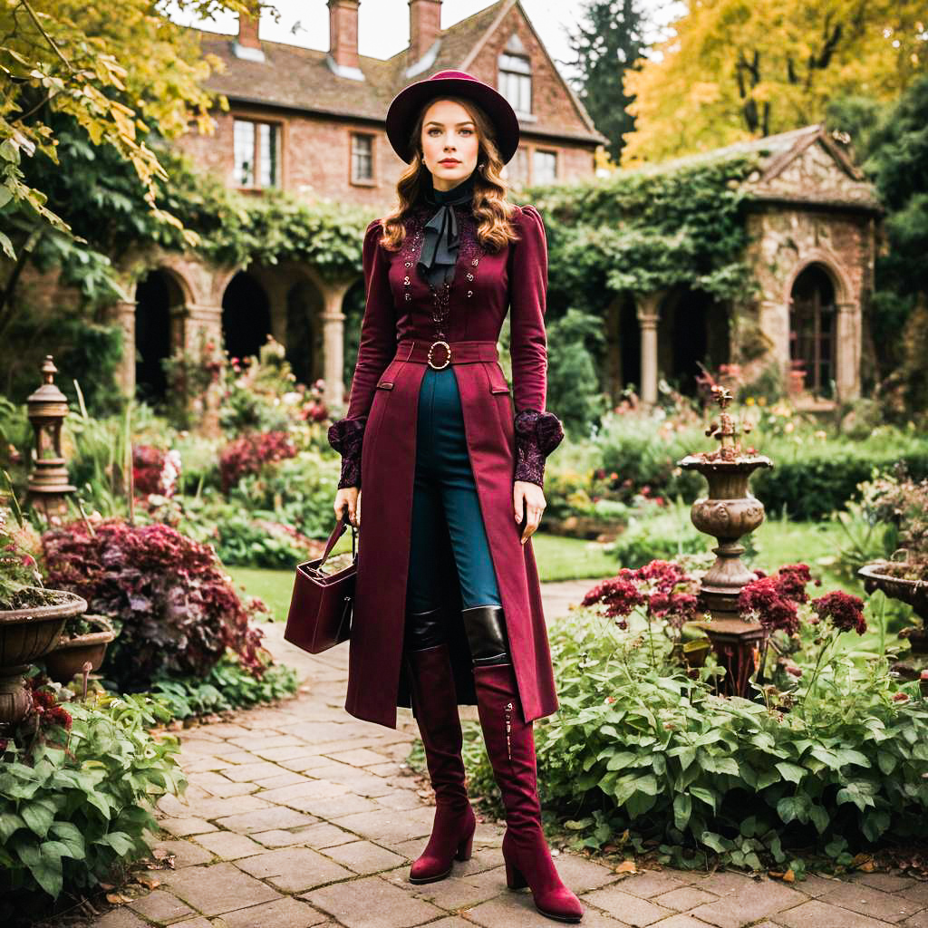 Elegant Woman in Maroon Coat in Lush Garden