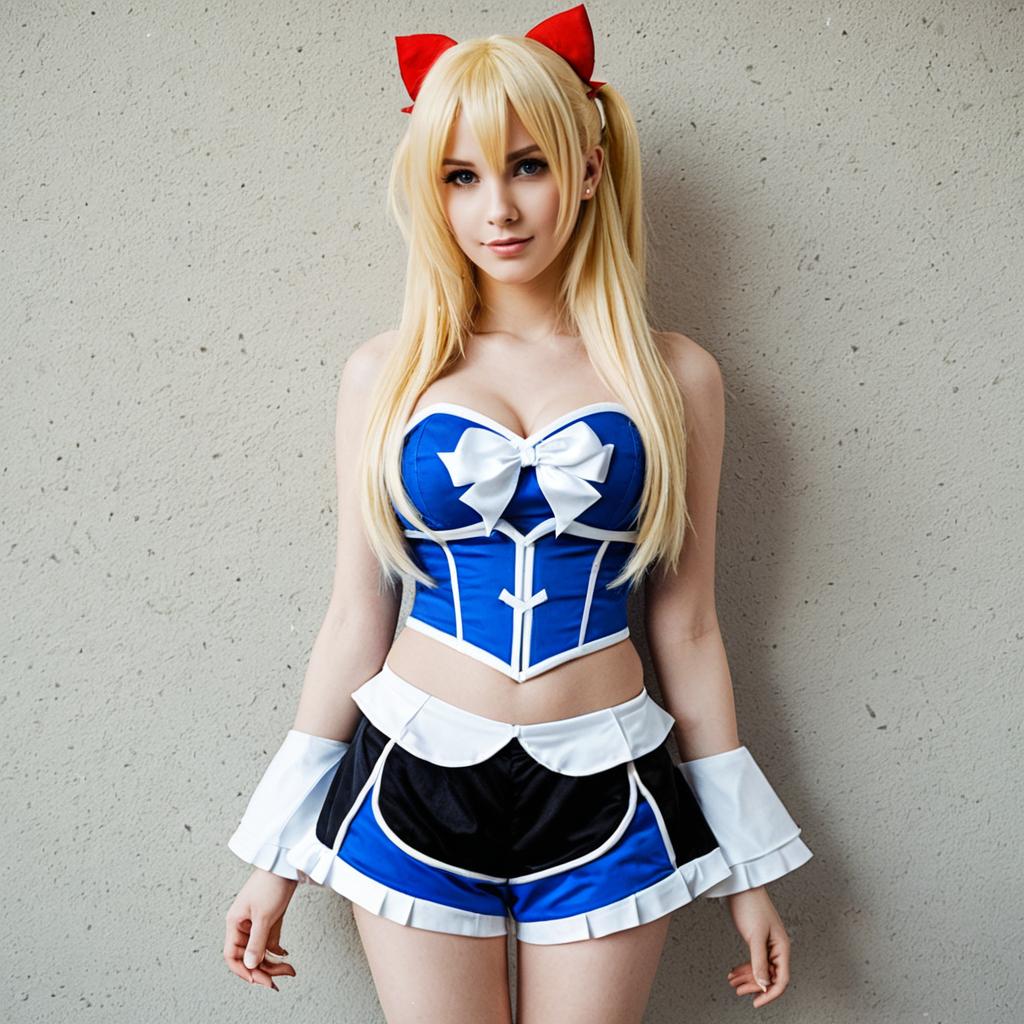 Blonde Woman in Blue and White Anime Style Cosplay Outfit