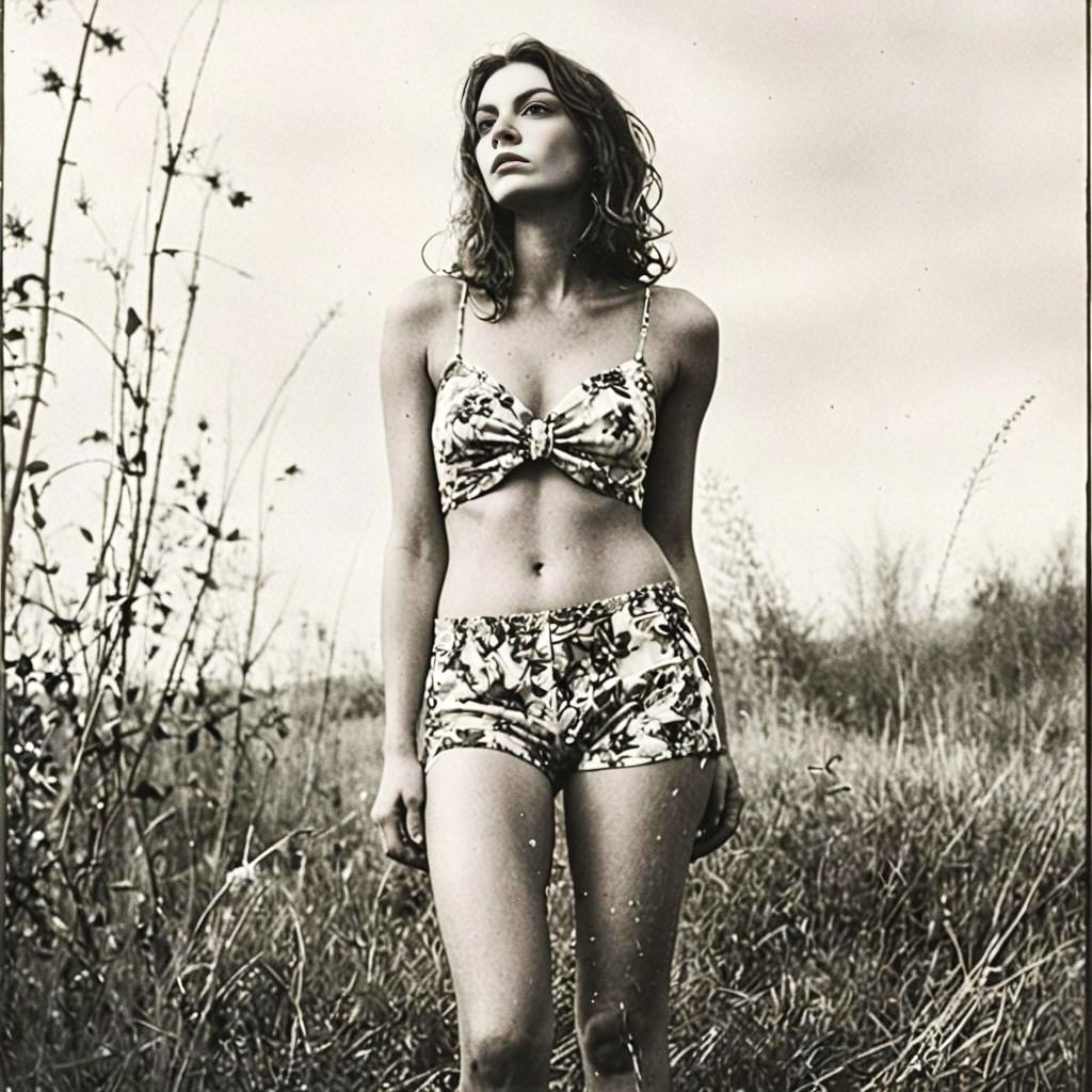 Black and White Portrait of Woman in Floral Bikini