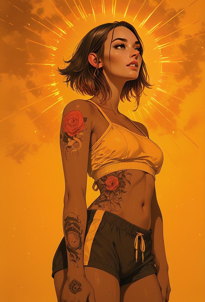 Digital Art of Woman with Rose Tattoos in Yellow Sportswear