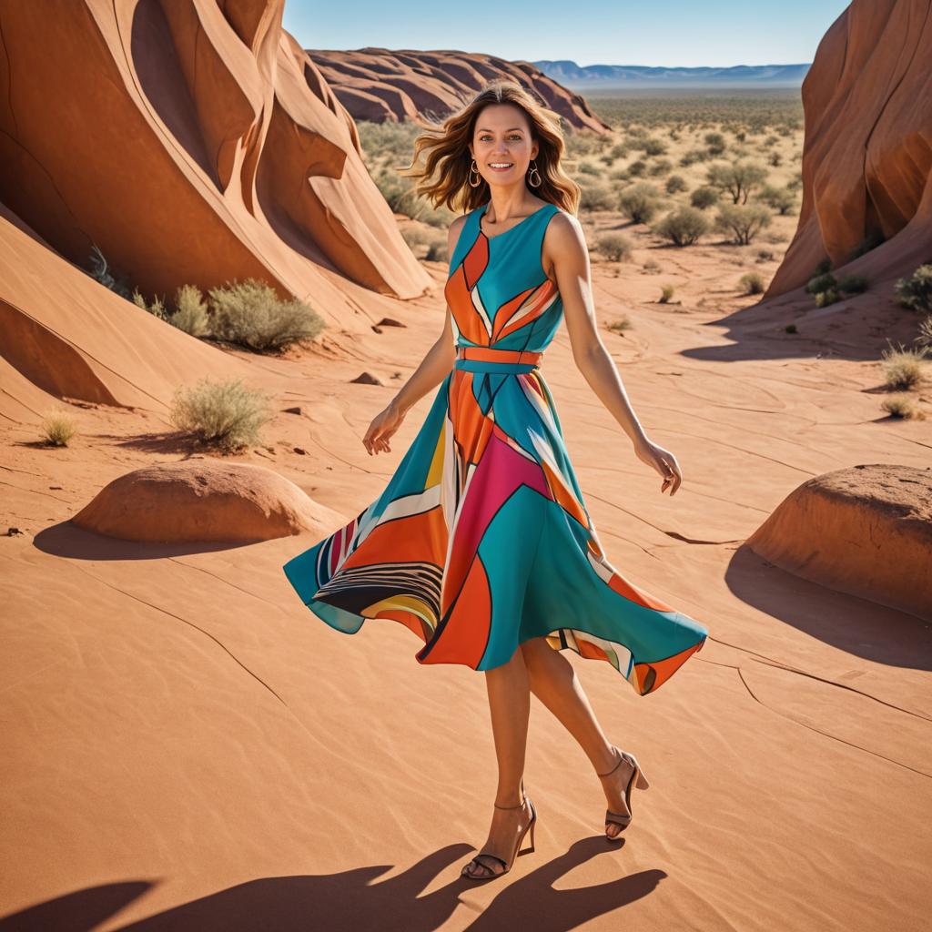 Woman in vibrant dress twirling in serene desert