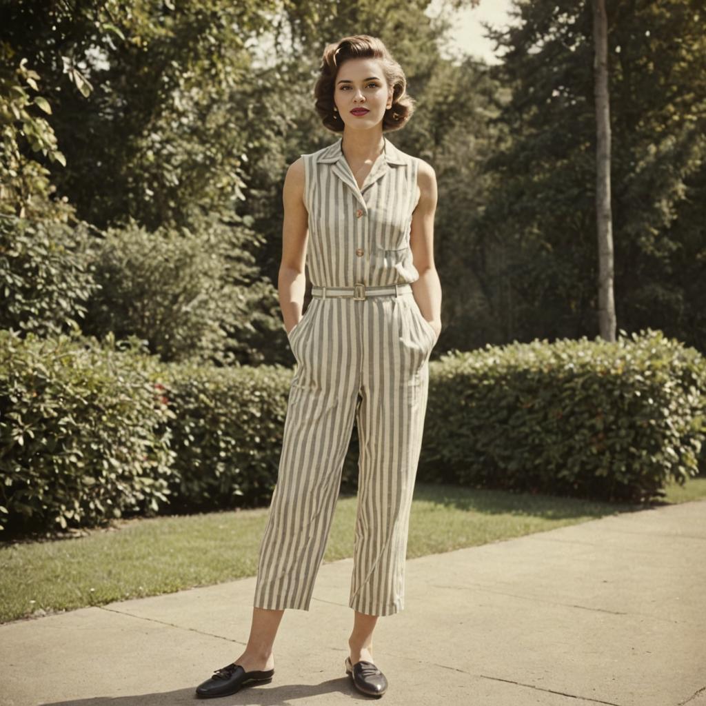 Woman in Vintage Striped Jumpsuit Outdoors