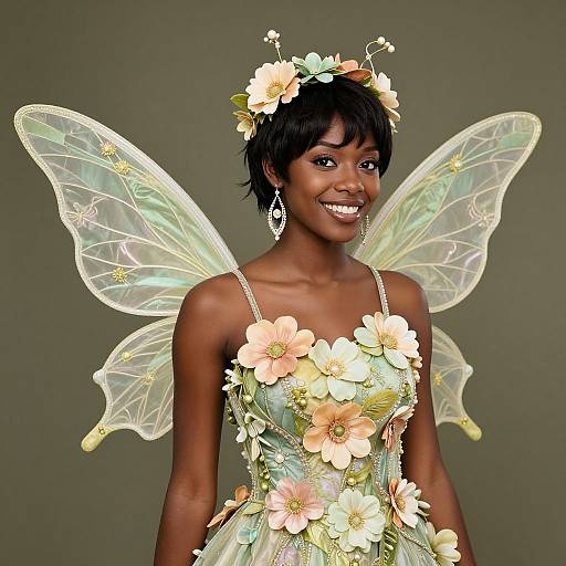 Woman in Elegant Floral Fairy Costume with Translucent Wings