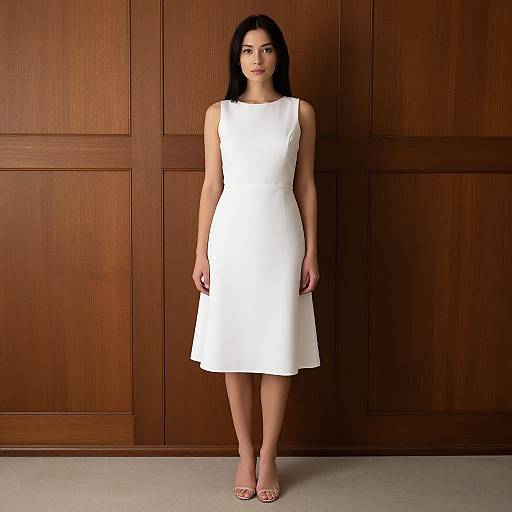 Elegant Woman in Sleeveless White Dress Standing Against Wooden Paneled Wall