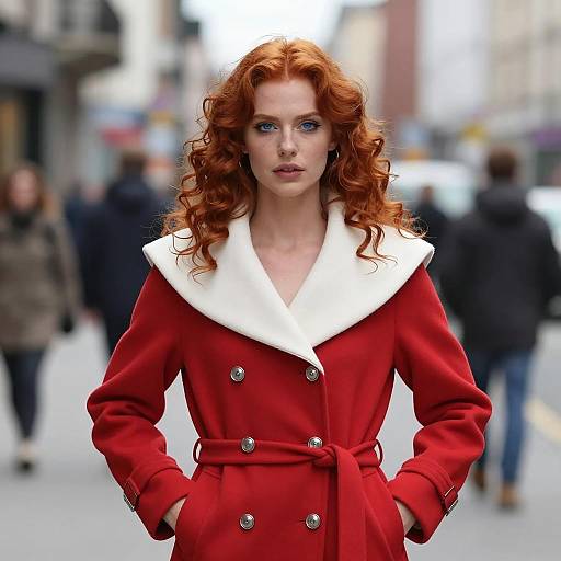 Young Woman in Red Coat with White Collar on Urban Street