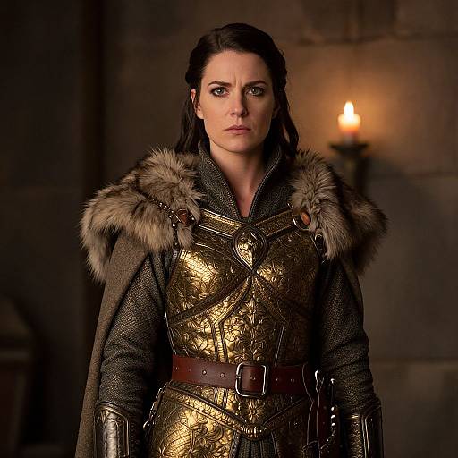 Medieval Woman in Golden Armor with Fur Cloak Standing in Dimly Lit Room