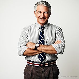 Confident Middle-Aged Man with Star Patterned Tie and Striped Shirt