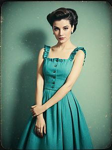 Vintage Style Woman in Teal Sleeveless Ruffle Trim Midi Dress