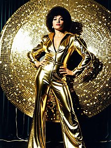 Woman in Gold Disco Costume with Afro Hairstyle and Reflective Disco Ball