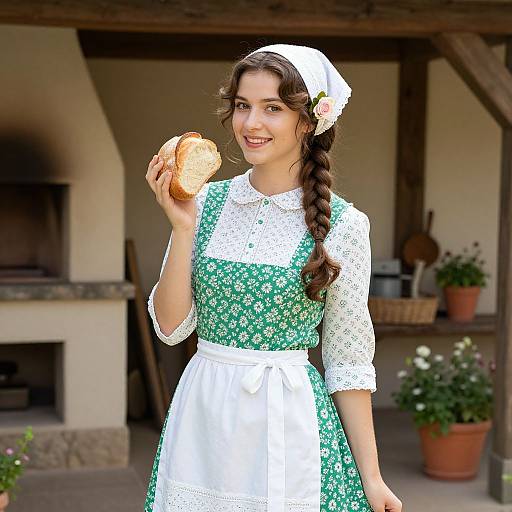 Young Woman in Vintage Dress Holding Bread in Rustic Kitchen
