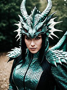 Woman in Photorealistic Dragon Cosplay Costume with Detailed Scales and Horns