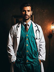 Man in Realistic Doctor Costume Wearing Lab Coat and Scrubs Cosplay