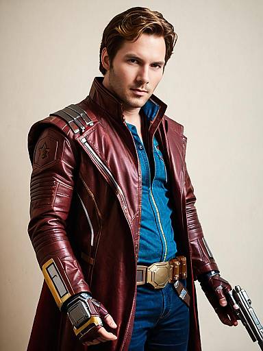 Man in Realistic Star-Lord Cosplay Costume with Prop Blaster