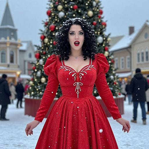 Woman in Vintage Red Dress Posing by Christmas Tree in Snowy Town