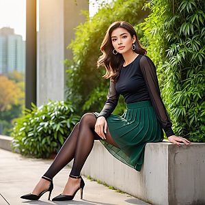 Fashionable Young Woman in Black Top and Green Skirt Sitting Outdoors