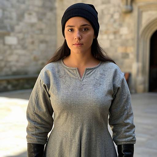 Young Woman Wearing Grey Embroidered Dress and Black Beanie Outside