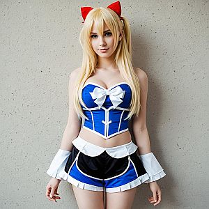 Blonde Woman in Blue and White Anime Style Cosplay Outfit