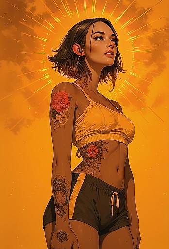 Digital Art of Woman with Rose Tattoos in Yellow Sportswear