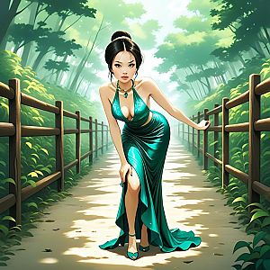 Poised Woman in Emerald Gown on Sunlit Forest Path
