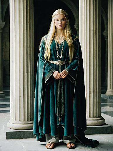 Woman in Lord of the Rings Arwen Costume with Long Hair and Necklace