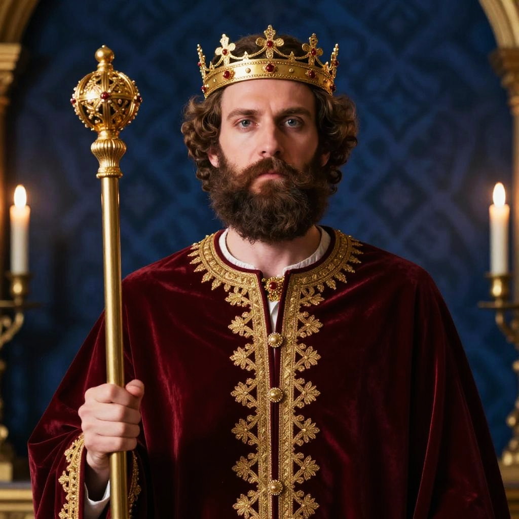 Regal King in Ornate Gold Crown and Burgundy Velvet Robe Holding Scepter
