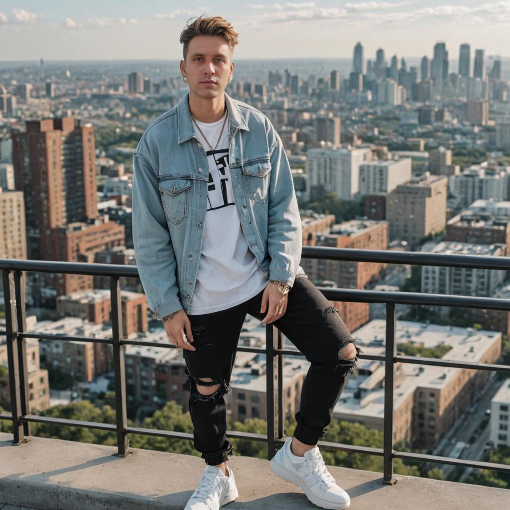 Stylish Man on High-Rise Balcony with Cityscape