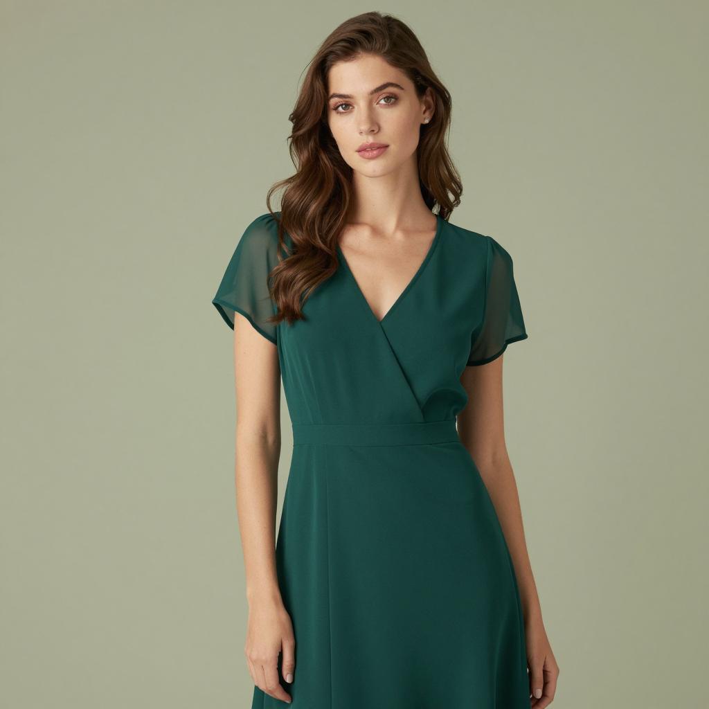 Stylish Green Wrap Dress with Sheer Sleeves on Woman