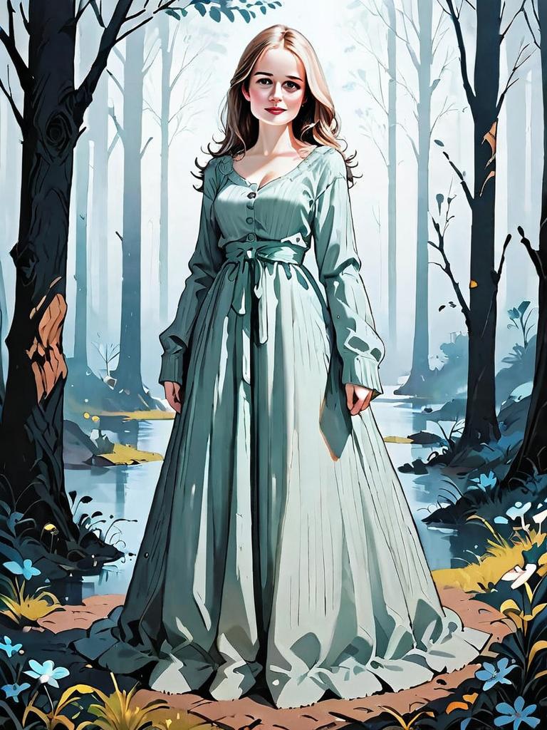 Medieval Woman in Flowing Dress in Dark Fantasy Forest Illustration