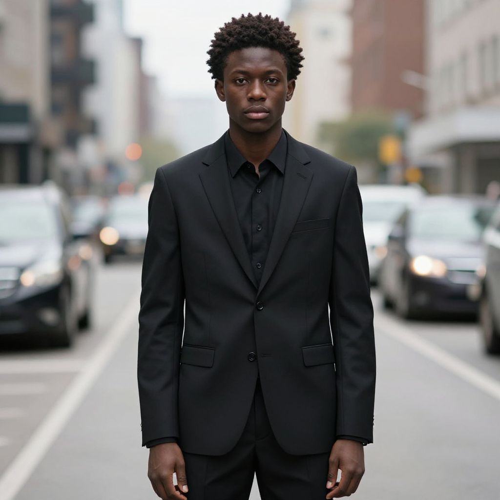 Young Man in Black Suit Standing on City Street