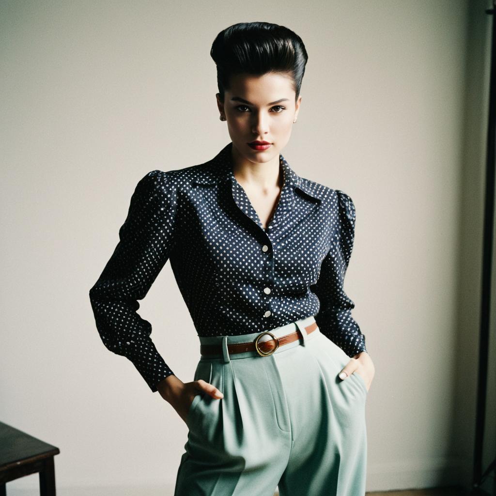 Retro-Inspired Woman in Polka Dot Blouse and High-Waisted Trousers