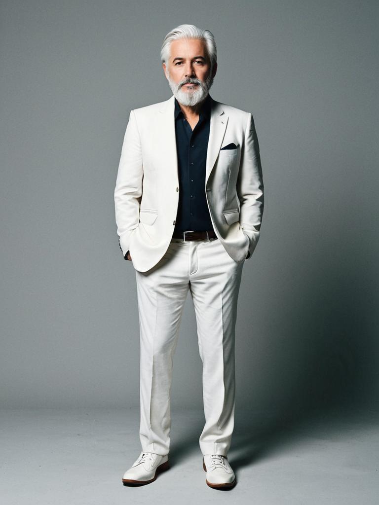 Confident Mature Man in White Suit with Dark Shirt Standing in Studio